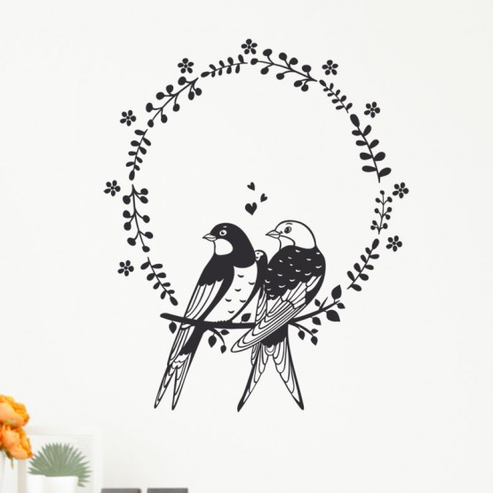 Autocollant mural oiseaux amoureux dans cercle